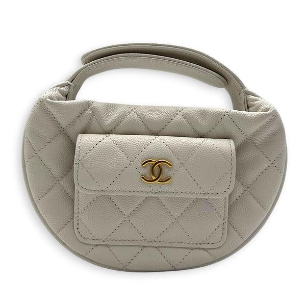 23B Mini Hobo Top Handle Bag White in Caviar Leather, Gold hardware