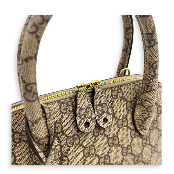 The Hacker Project Ville Brown Top Handle Bag in Coated Canvas, Gold hardware