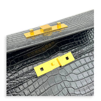 Manhattan Shoulder Bag Black in Crocodile Embossed Calfskin, Gold hardware