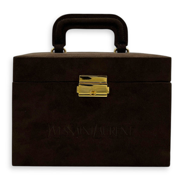 Jewellery Case Vanity Top Handle Bag Brown in Suede Leather, Gold hardware