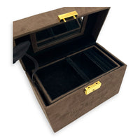 Jewellery Case Vanity Top Handle Bag Brown in Suede Leather, Gold hardware