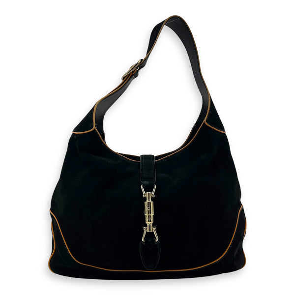Jackie Shoulder Bag Black in Suede Leather, Silver hardware
