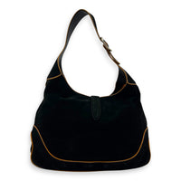 Jackie Shoulder Bag Black in Suede Leather, Silver hardware