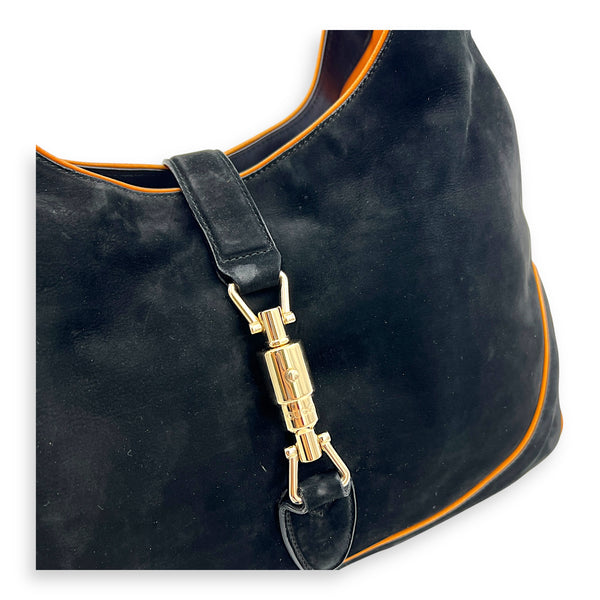 Jackie Shoulder Bag Black in Suede Leather, Silver hardware
