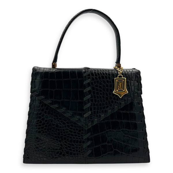 Braided Stitch Top Handle Bag Black in Crocodile Embossed Calfskin, Gold hardware