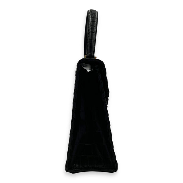 Braided Stitch Top Handle Bag Black in Crocodile Embossed Calfskin, Gold hardware