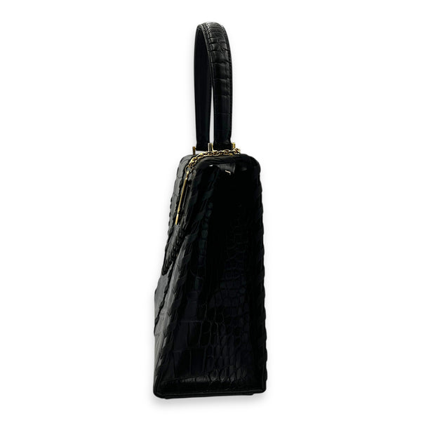 Braided Stitch Top Handle Bag Black in Crocodile Embossed Calfskin, Gold hardware