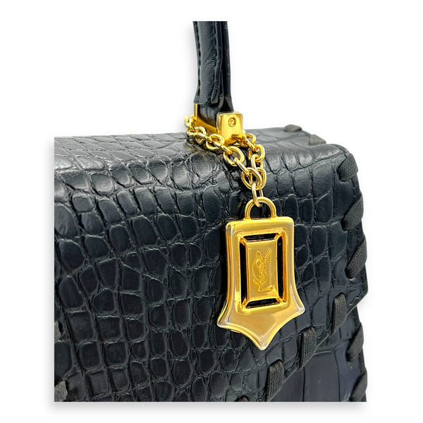 Braided Stitch Top Handle Bag Black in Crocodile Embossed Calfskin, Gold hardware