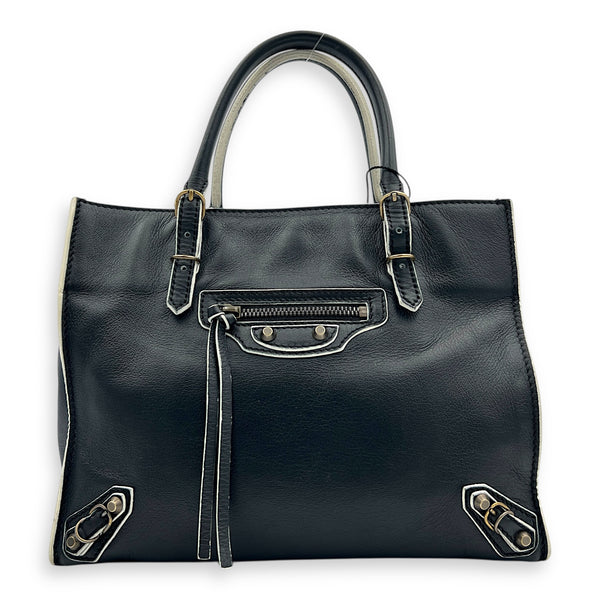 Papier Top Handle Bag Black with White Trim in Calfskin, Ruthenium hardware