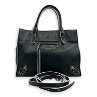 Papier Top Handle Bag Black with White Trim in Calfskin, Ruthenium hardware