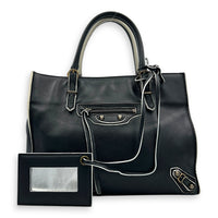Papier Top Handle Bag Black with White Trim in Calfskin, Ruthenium hardware