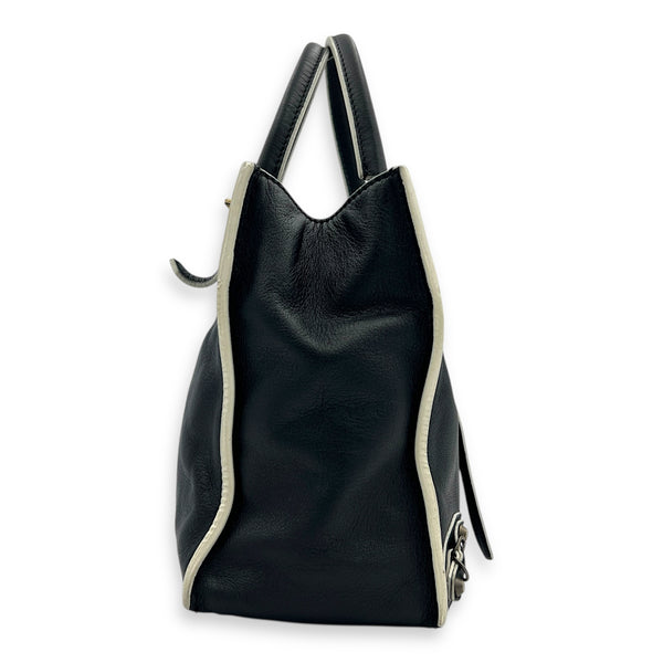 Papier Top Handle Bag Black with White Trim in Calfskin, Ruthenium hardware