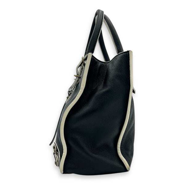 Papier Top Handle Bag Black with White Trim in Calfskin, Ruthenium hardware