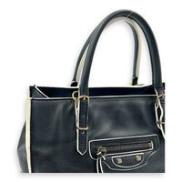 Papier Top Handle Bag Black with White Trim in Calfskin, Ruthenium hardware