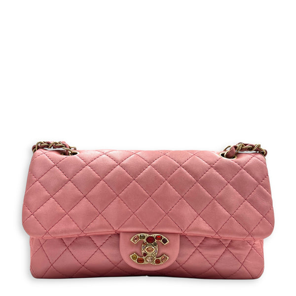 Precious Jewel Single Flap Pink Shoulder Bag in Calfskin, Gold hardware