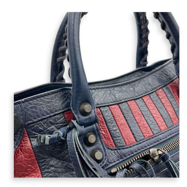 City Top Handle Bag Small Blue in Distressed Leather, Gunmetal hardware