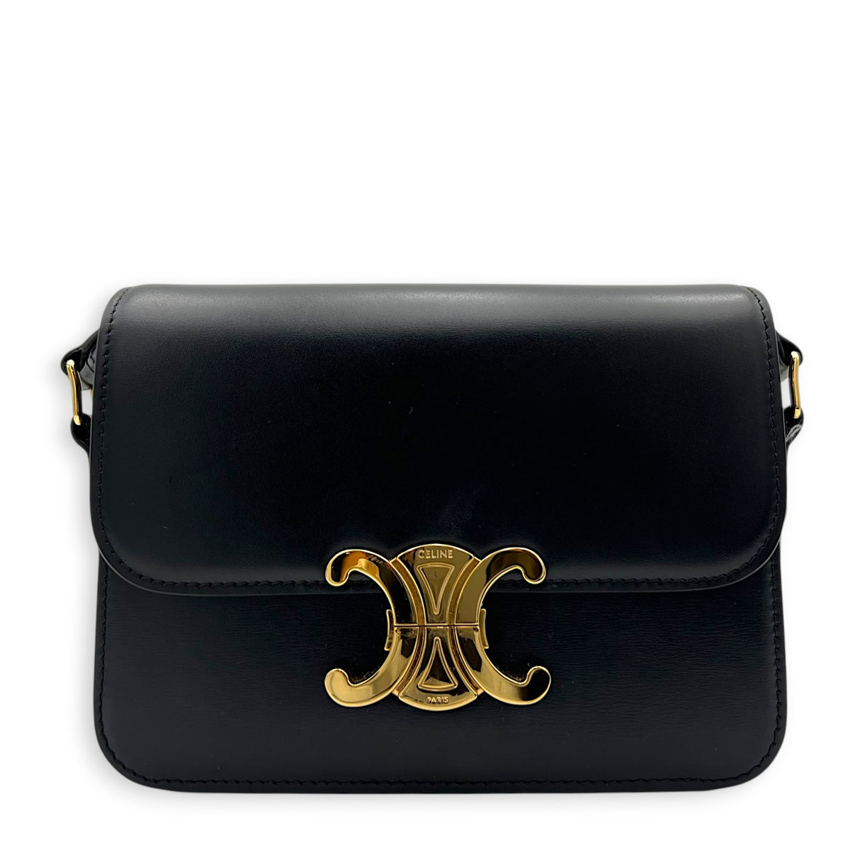 Triomphe Shoulder Bag Black in Calfskin, Gold hardware