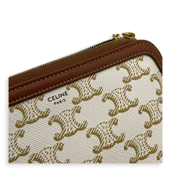 Triomphe Clutch on Chain Shoulder Bag White in Coated Canvas, Gold hardware