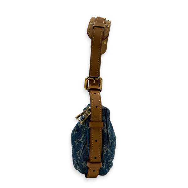 Croissant Shoulder Bag Blue in Denim, Gold hardware