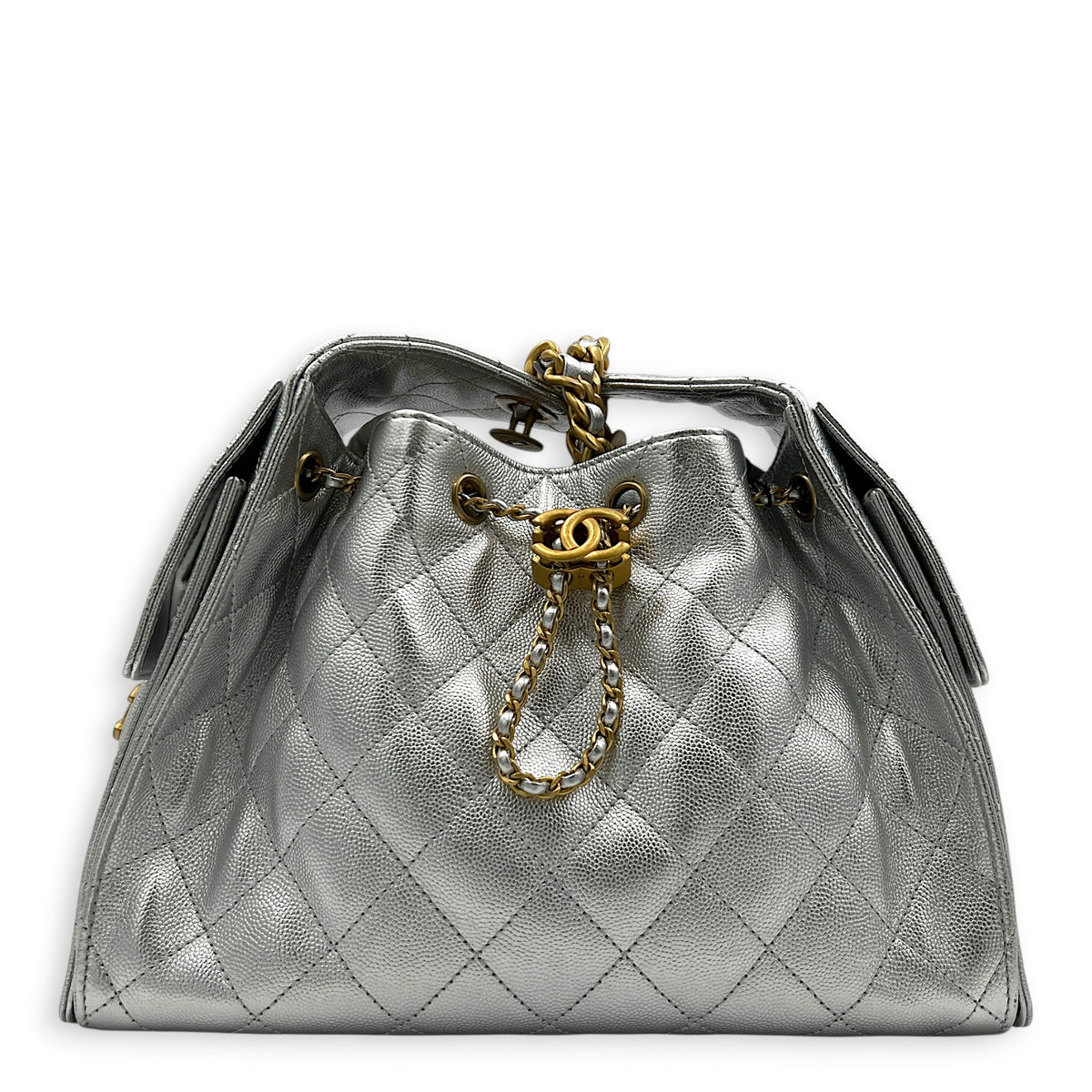 C25 Hobo Shoulder Bag Small Silver in Caviar Leather, Gold hardware