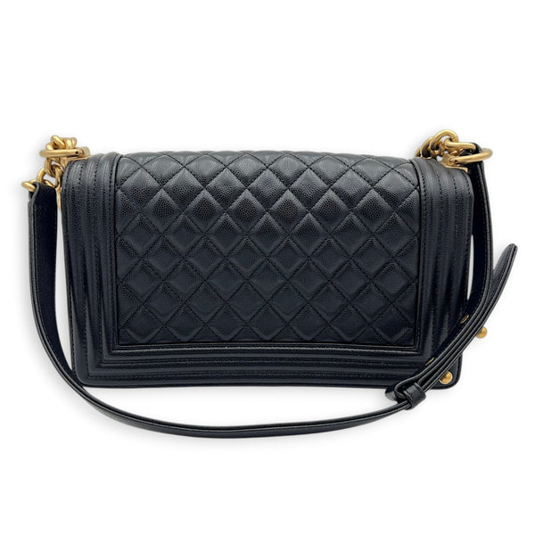 Boy Shoulder Bag Medium Black in Caviar Leather, Gold hardware