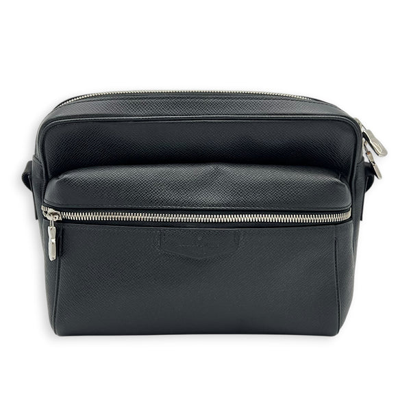 Outdoor Shoulder Bag PM Black in Taiga Leather, Silver hardware