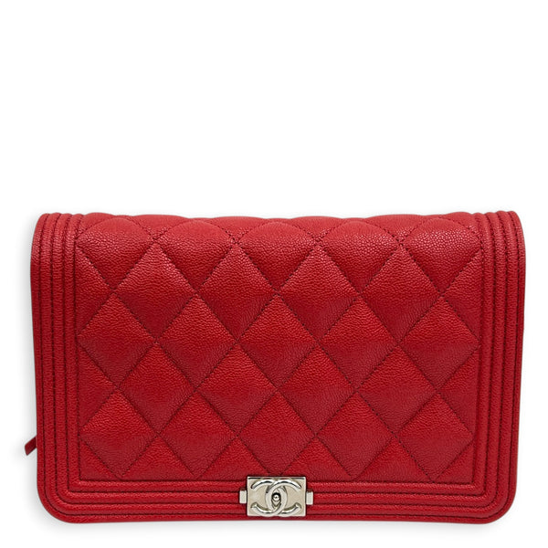 Boy Wallet On Chain Red in Caviar Leather, Silver hardware