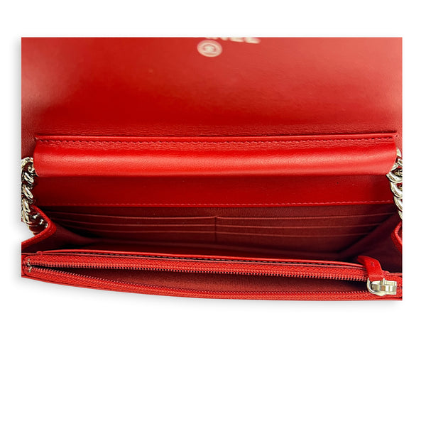 Boy Wallet On Chain Red in Caviar Leather, Silver hardware