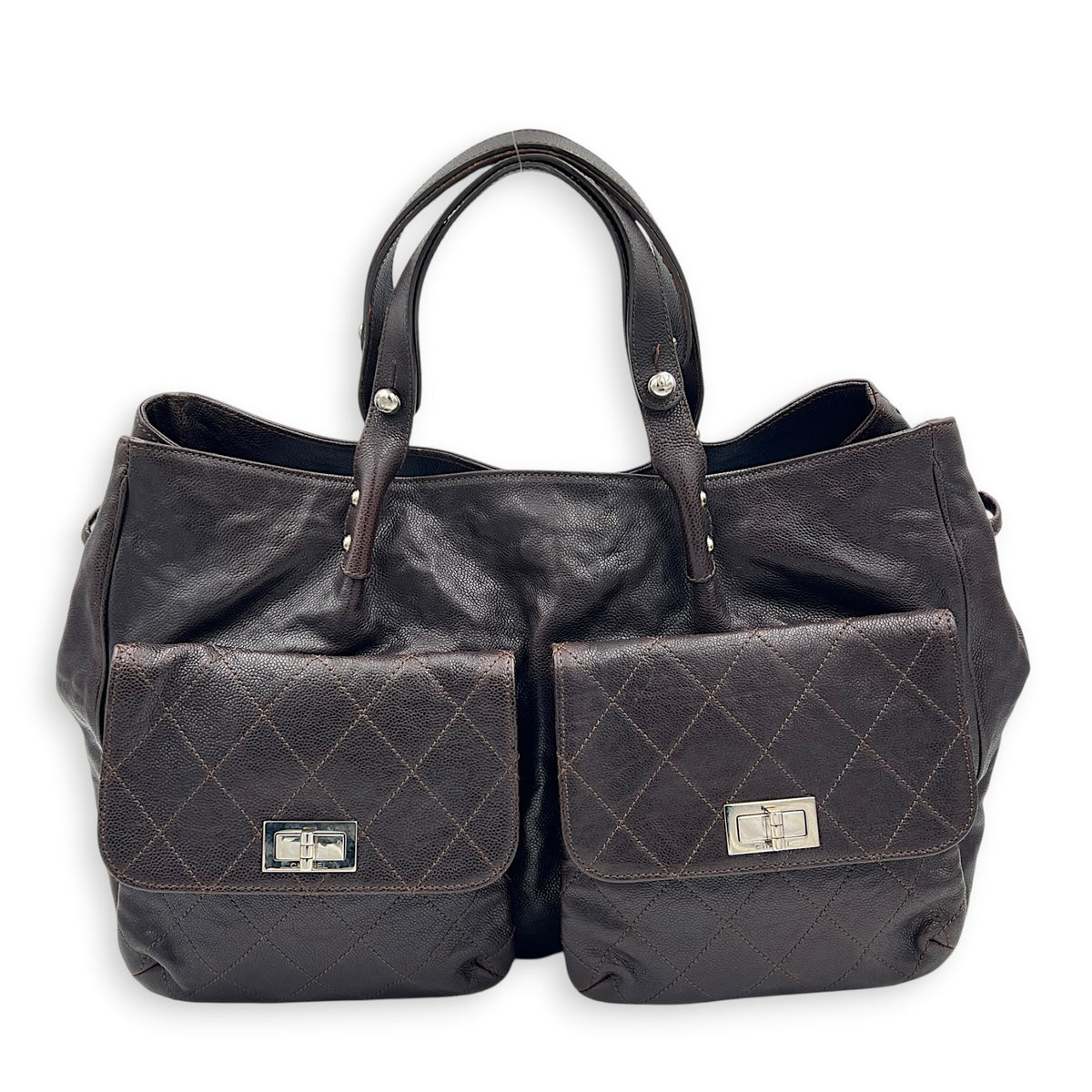 2.55 Top Handle Bag Brown in Caviar Leather, Silver hardware