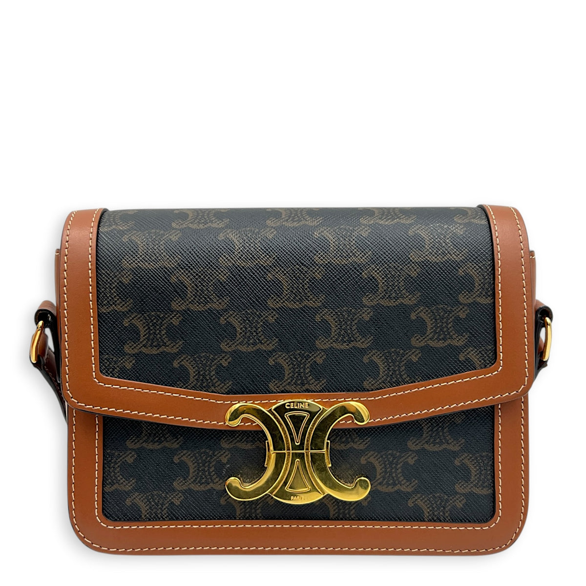 Triomphe Teen Brown Crossbody Bag in Coated Canvas, Gold hardware
