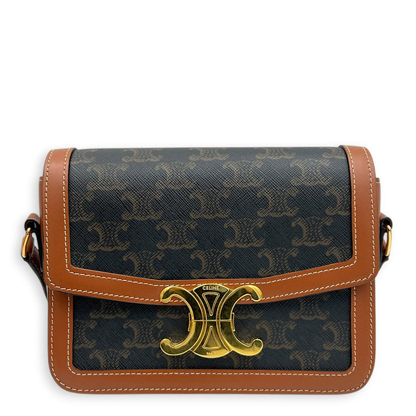 Triomphe Teen Brown Crossbody Bag in Coated Canvas, Gold hardware