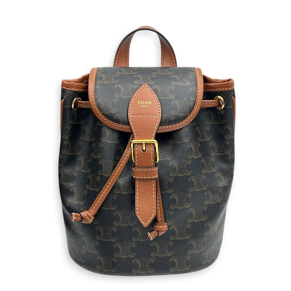 Folco Mini Brown Backpack in Coated Canvas, Gold hardware