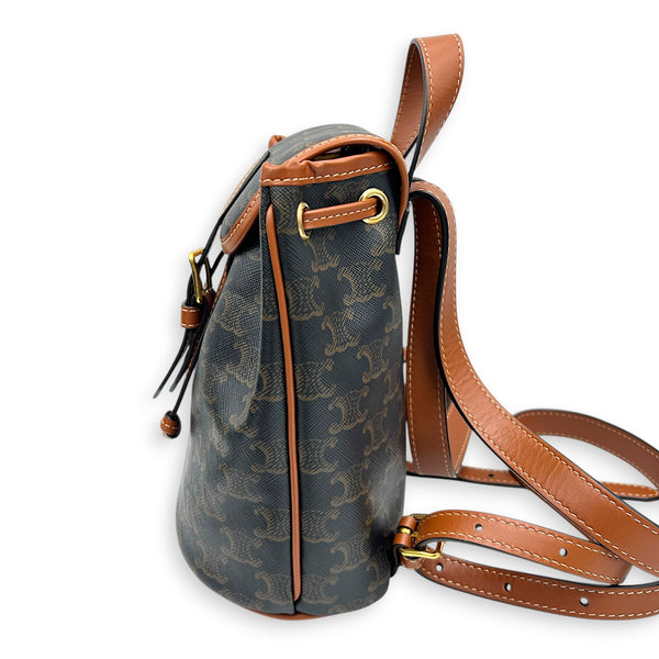 Folco Mini Brown Backpack in Coated Canvas, Gold hardware