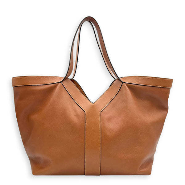 Y Brown Tote Bag in Calfskin, Gold hardware