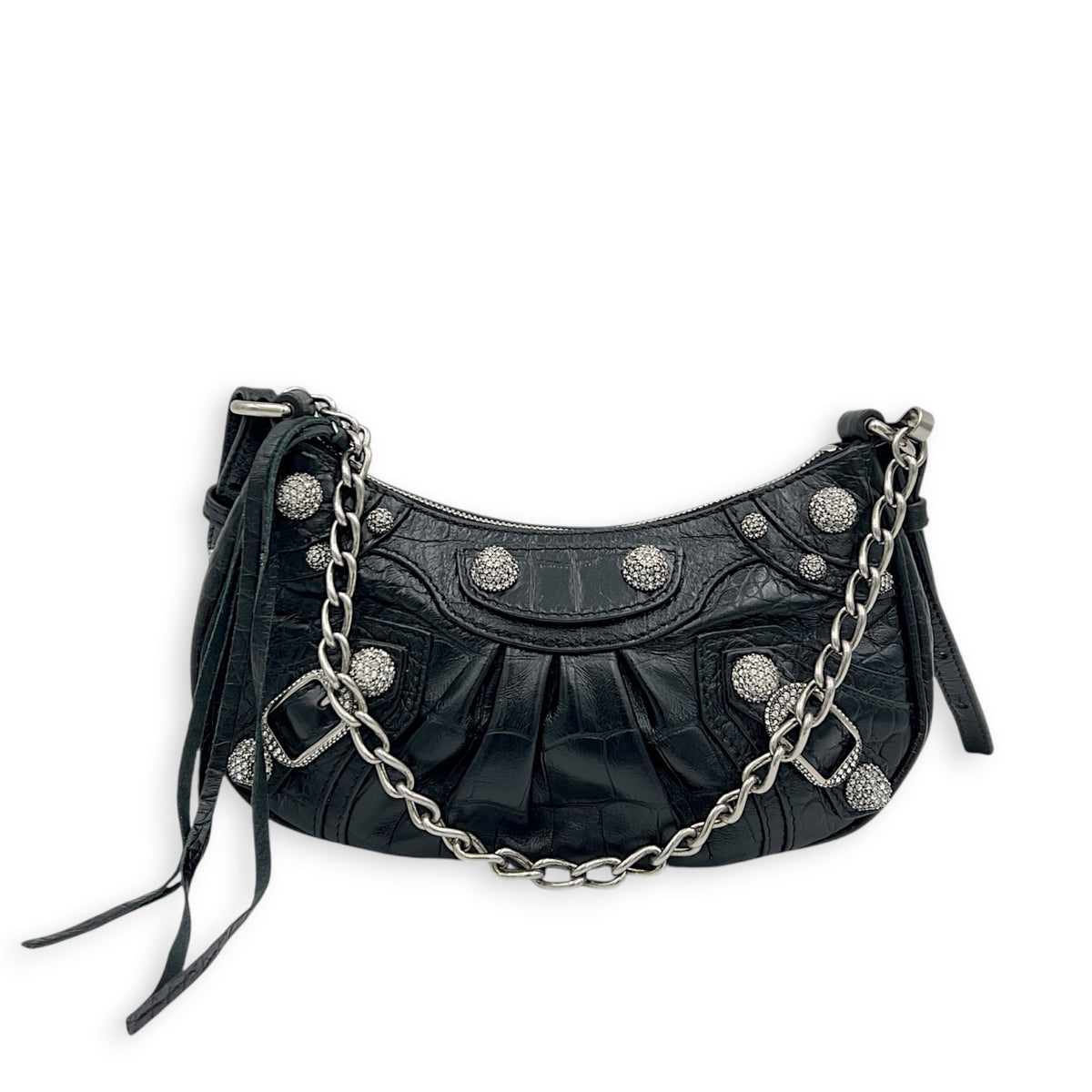 Le Cagole Shoulder Bag Mini Black in Crocodile Embossed Calfskin, Silver hardware