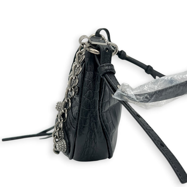 Le Cagole Shoulder Bag Mini Black in Crocodile Embossed Calfskin, Silver hardware