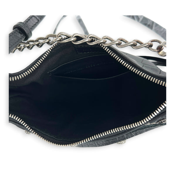 Le Cagole Shoulder Bag Mini Black in Crocodile Embossed Calfskin, Silver hardware