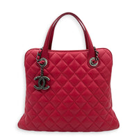 Quilted CC Top Handle Shoulder Bag Red in Lambskin, Ruthenium hardware