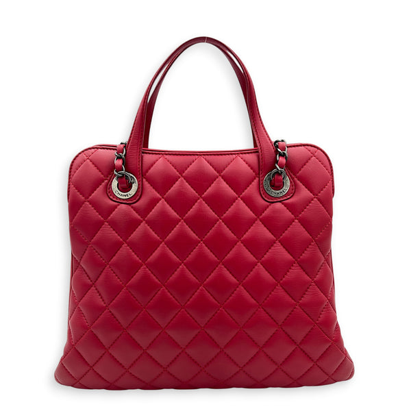 Quilted CC Top Handle Shoulder Bag Red in Lambskin, Ruthenium hardware