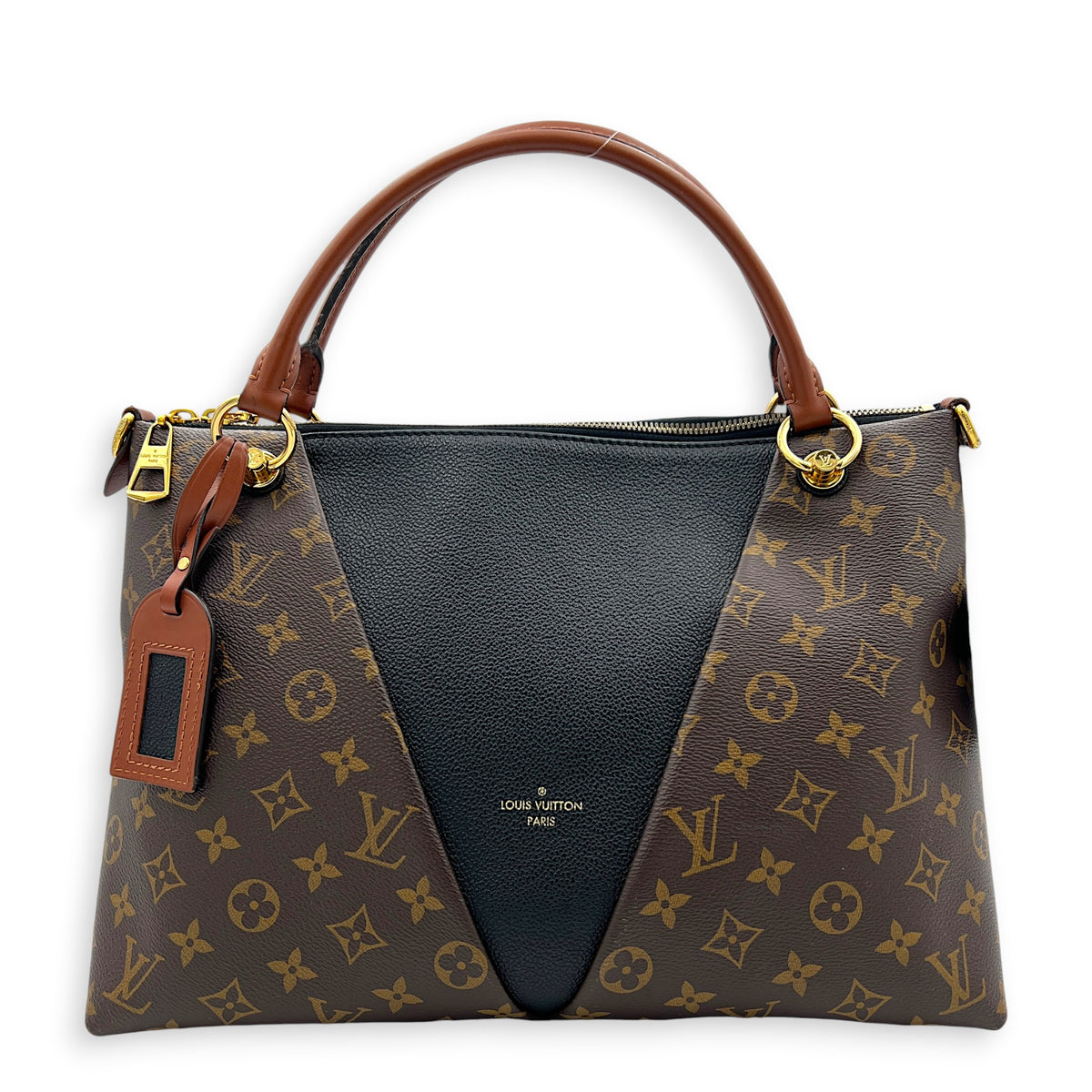 V Tote Top Handle Bag Brown in Monogram Coated Canvas, Gold hardware