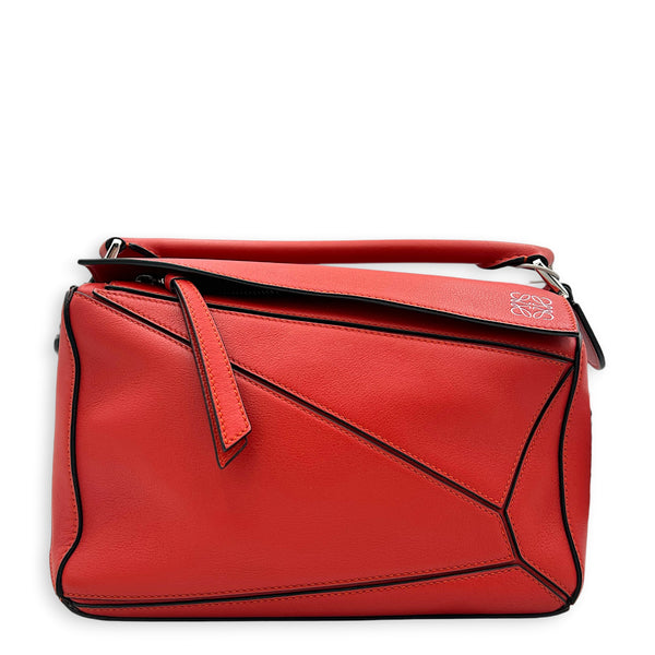 Puzzle Top Handle Bag Red in Calfskin, Silver hardware