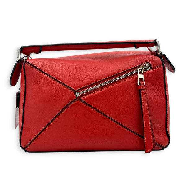 Puzzle Top Handle Bag Red in Calfskin, Silver hardware