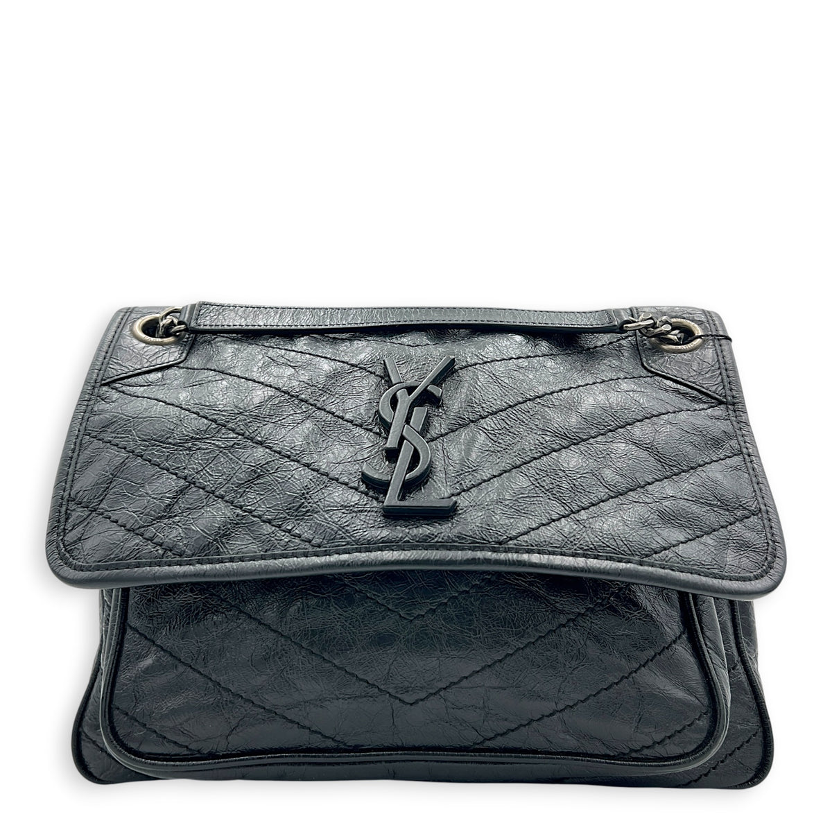 Niki Medium Black Shoulder Bag in Calfskin, Silver hardware