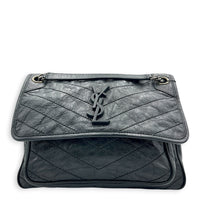 Niki Medium Black Shoulder Bag in Calfskin, Silver hardware