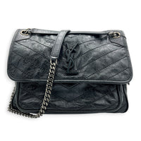 Niki Medium Black Shoulder Bag in Calfskin, Silver hardware