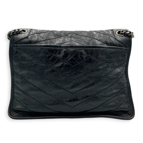 Niki Medium Black Shoulder Bag in Calfskin, Silver hardware