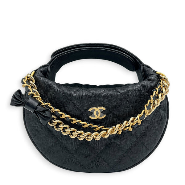 Quilted Bow Pouch Handbag Black in Caviar Leather, Gold hardware