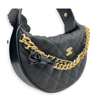 Quilted Bow Pouch Handbag Black in Caviar Leather, Gold hardware