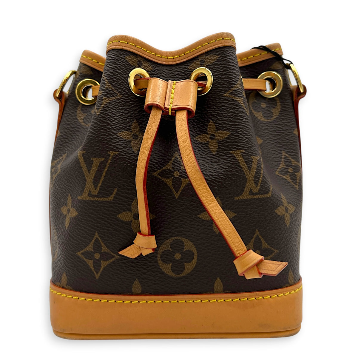 Noe Bucket Bag Nano Brown in Monogram Coated Canvas, Gold hardware