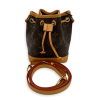 Noe Bucket Bag Nano Brown in Monogram Coated Canvas, Gold hardware